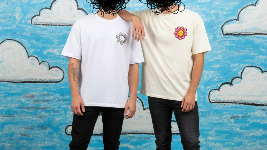 Deux personnes portant les t-shirts BASETAT Fleur - format 16:9